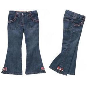Gymboree girls black red white plaid bow bootcut flare blue jeans denim pants 7